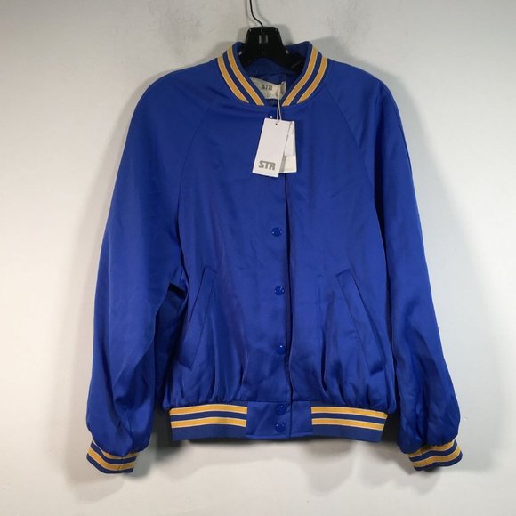 STR Snap Button Up Bomber Jacket, Men's Size S - Dark Blue/Yellow